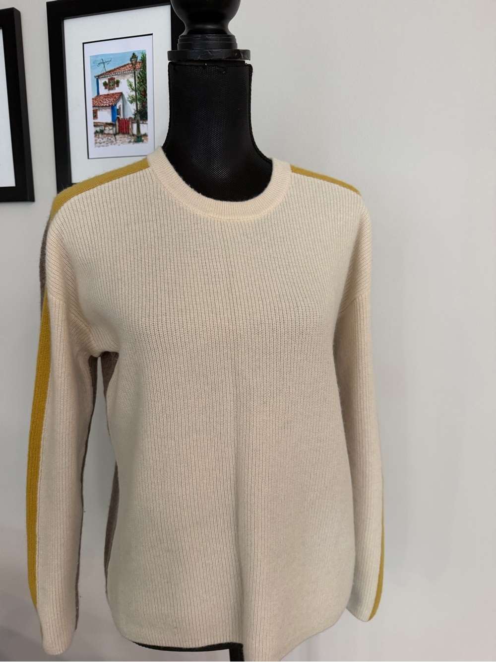 Velvet by Graham & Spencer Cream Crewneck Sweater with Mustard Shoulder Stripe